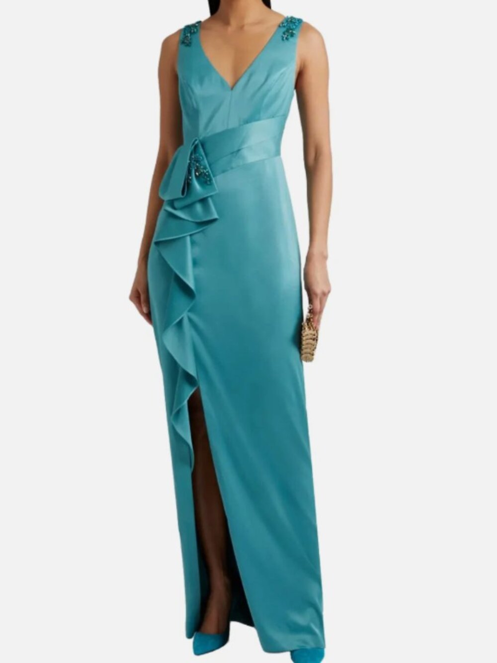 NEW‎ Marchesa Notte Embellished Ruffled Satin-Crepe Gown Teal V-Neck Slit Size 2